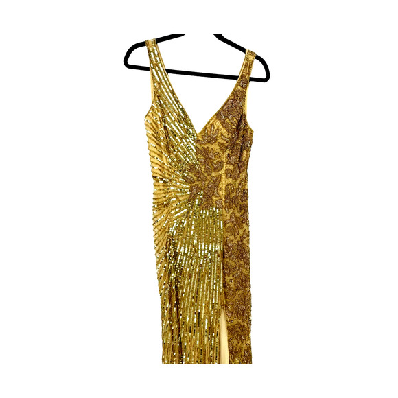 Mac Duggal 5473 High Slit Embellished Sequins Dress Gold Size 10 NWT - Picture 10 of 12